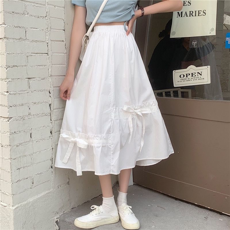 Bow Elastic Waist Plain Skirt A-Line Midi Panel