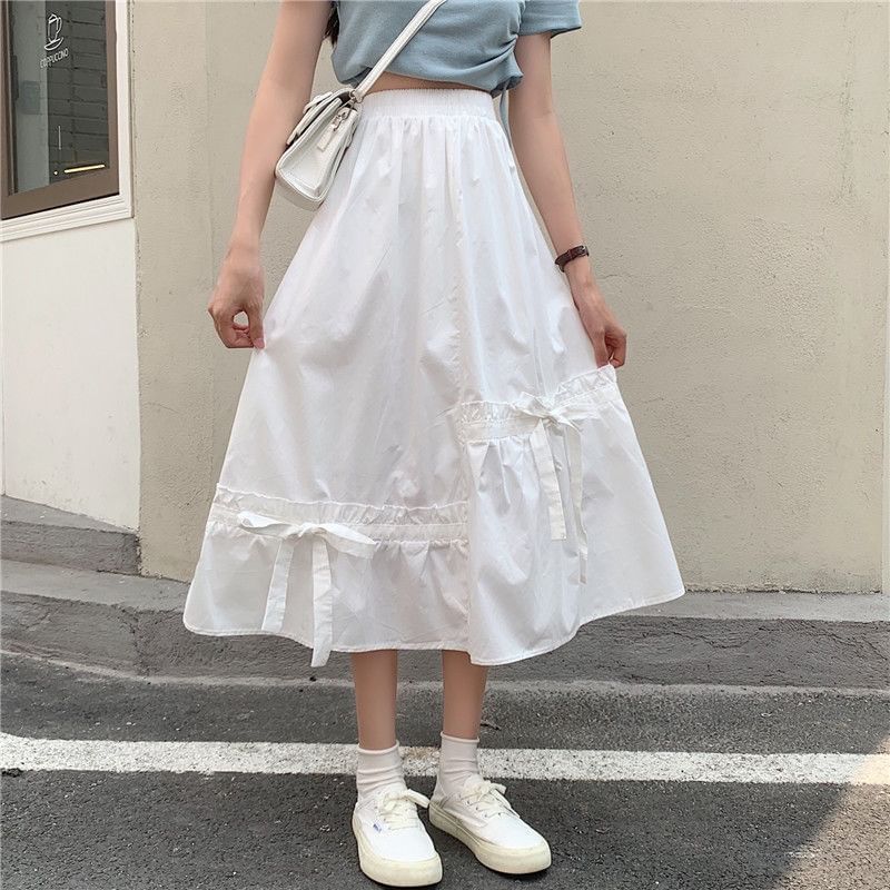 Bow Elastic Waist Plain Skirt A-Line Midi Panel