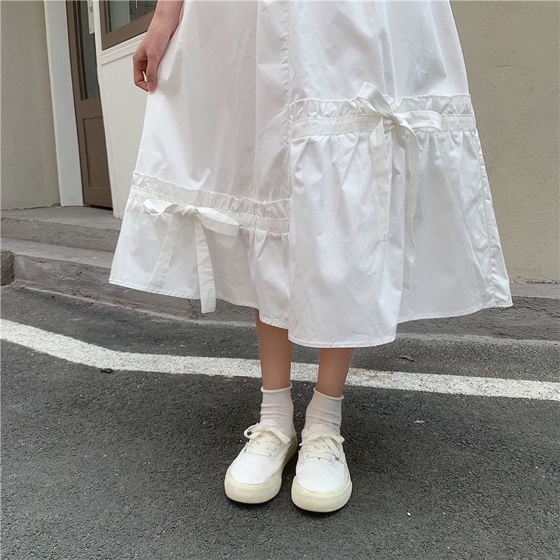 Bow Elastic Waist Plain Skirt A-Line Midi Panel