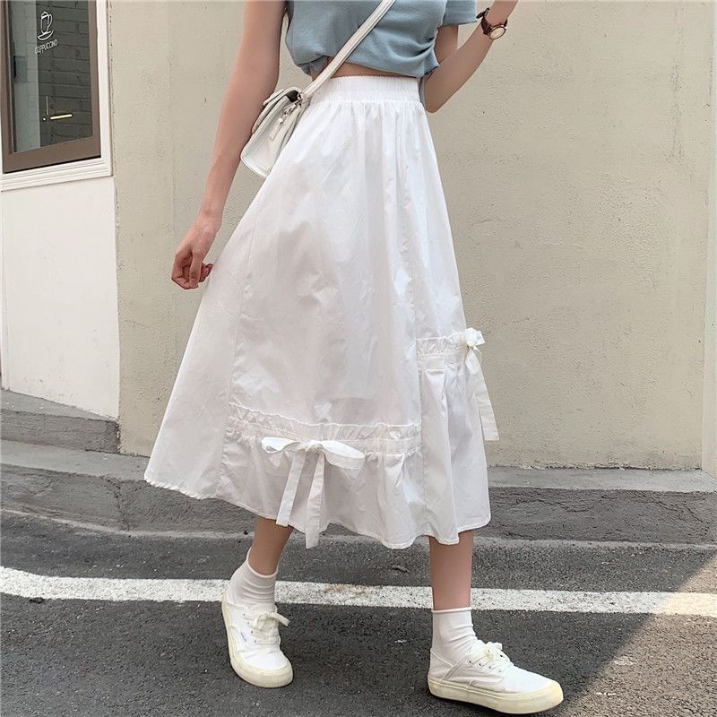 Bow Elastic Waist Plain Skirt A-Line Midi Panel