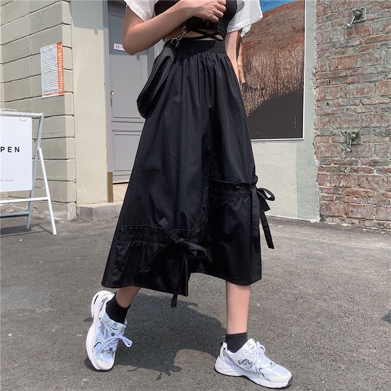 Bow Elastic Waist Plain Skirt A-Line Midi Panel