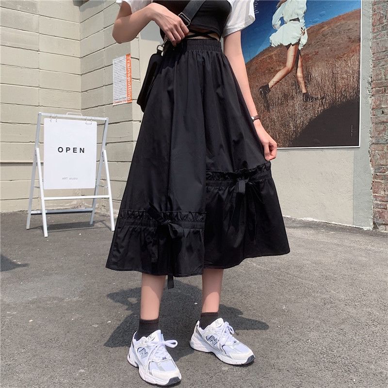 Bow Elastic Waist Plain Skirt A-Line Midi Panel