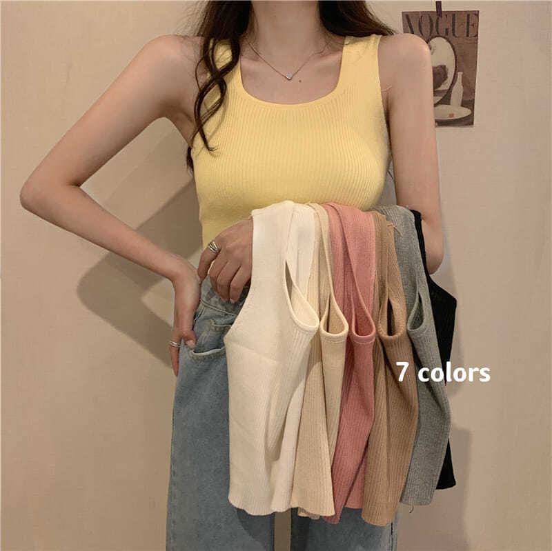 Neck Tank Plain Ribbed Top Square Knit