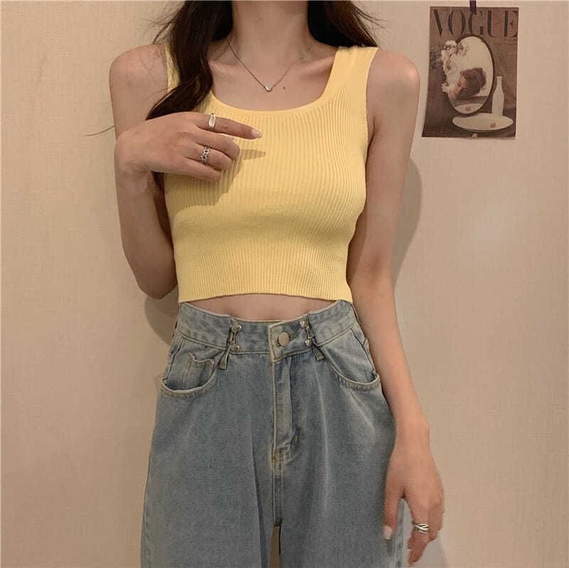 Neck Tank Plain Ribbed Top Square Knit