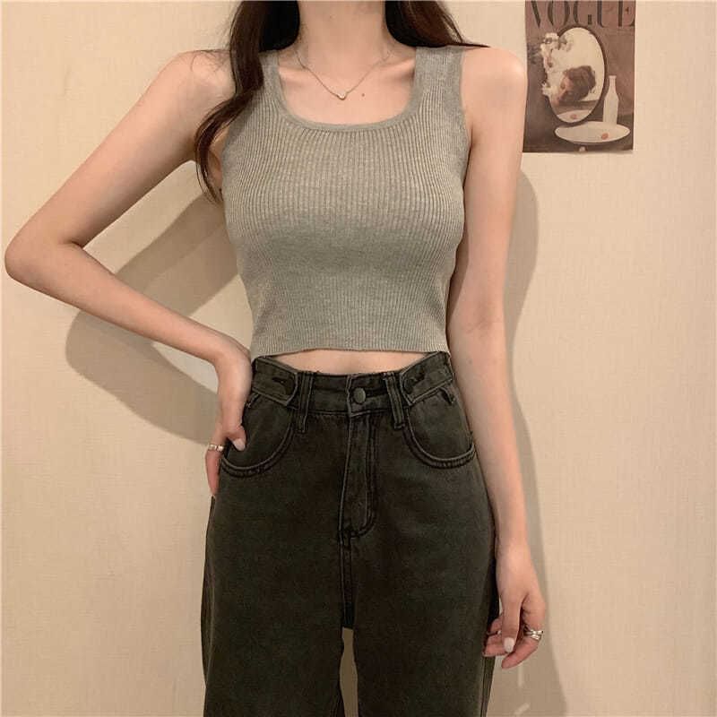 Neck Tank Plain Ribbed Top Square Knit