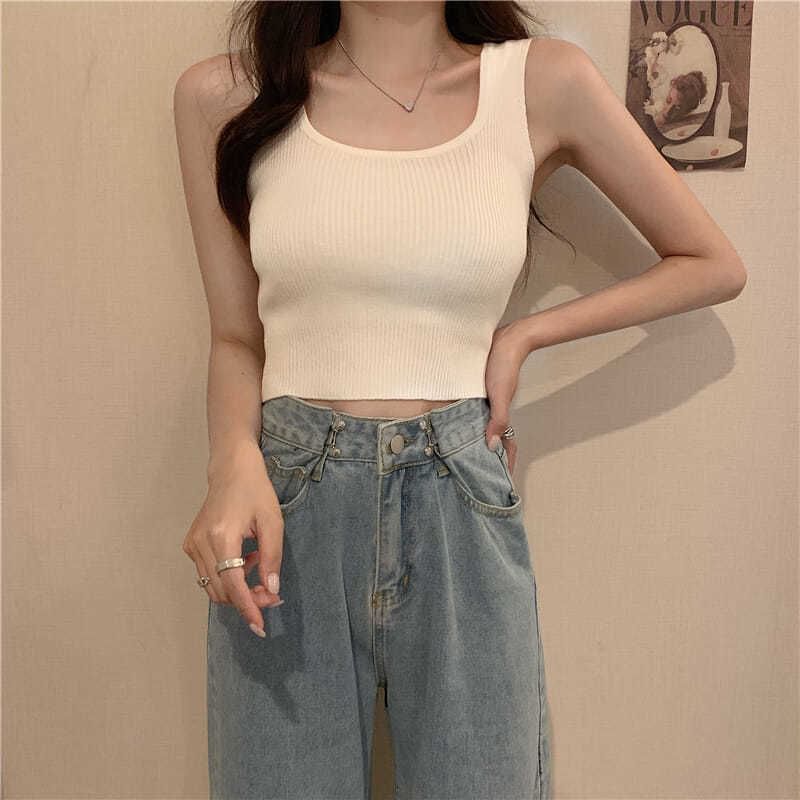 Neck Tank Plain Ribbed Top Square Knit