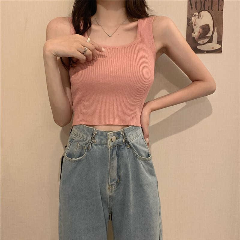 Neck Tank Plain Ribbed Top Square Knit