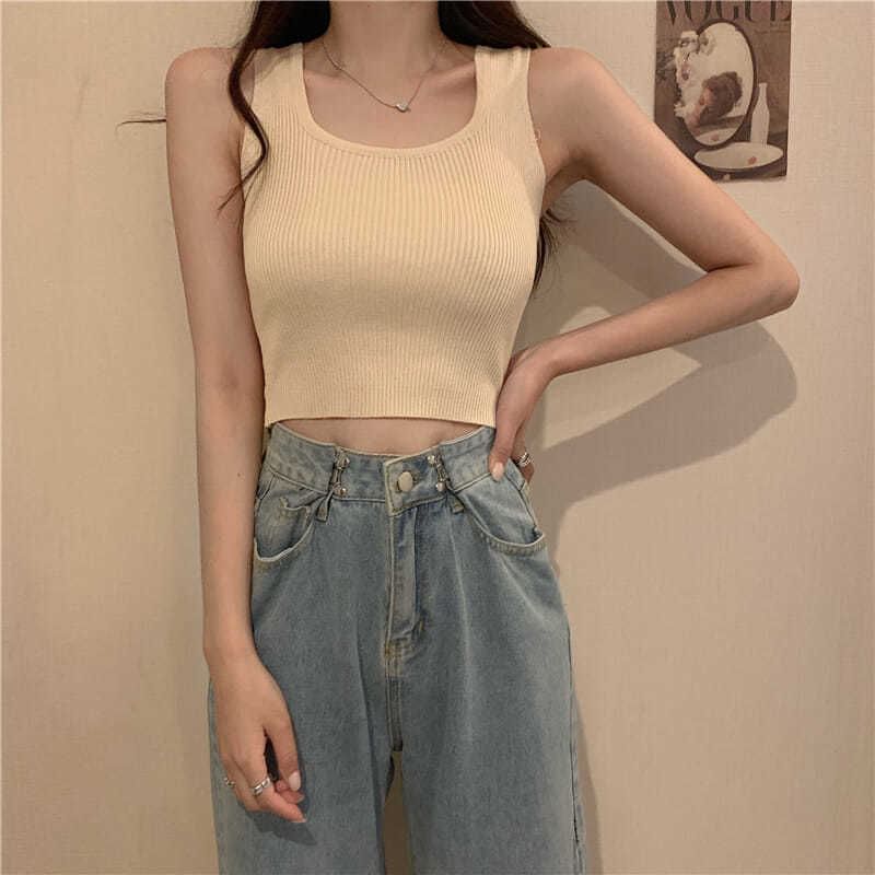 Neck Tank Plain Ribbed Top Square Knit