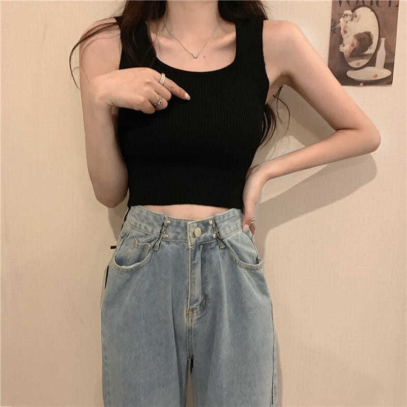 Neck Tank Plain Ribbed Top Square Knit