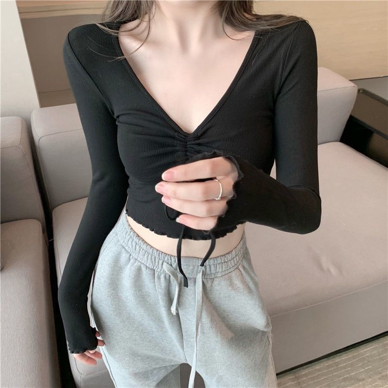Long-Sleeve Plain Drawstring Crop V-Neck T-Shirt