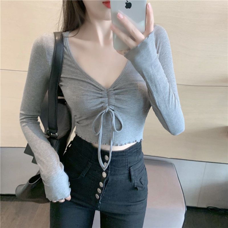 Long-Sleeve Plain Drawstring Crop V-Neck T-Shirt