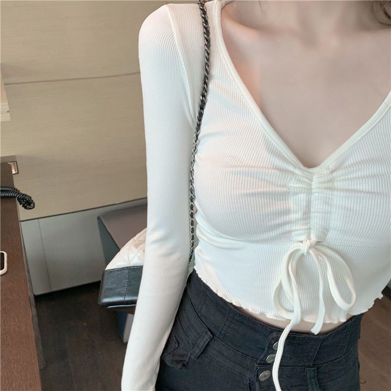Long-Sleeve Plain Drawstring Crop V-Neck T-Shirt