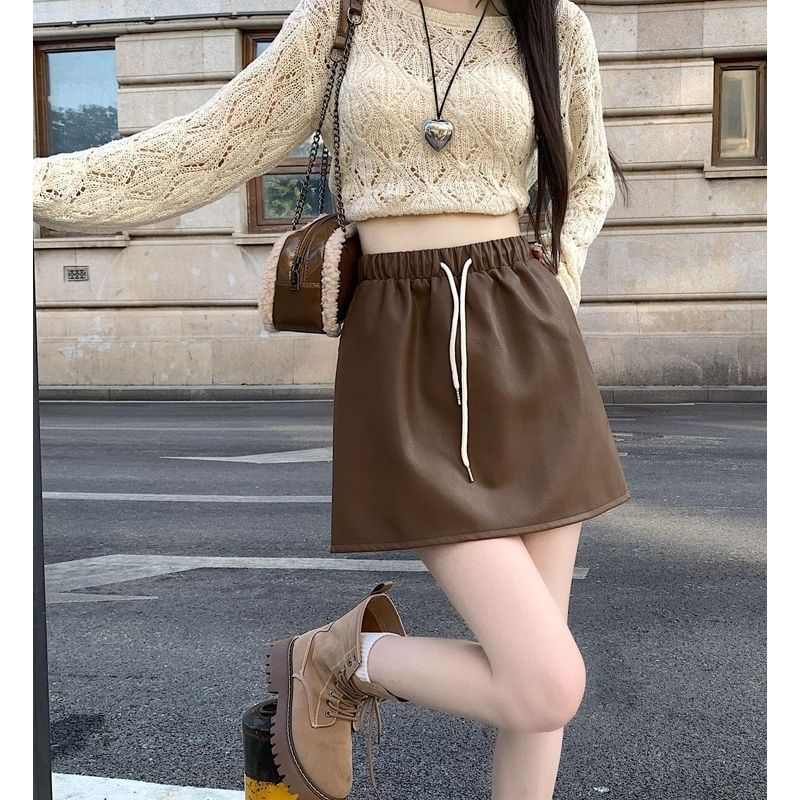 Skirt A-Line Drawstring Waist Mini Plain Leather Faux