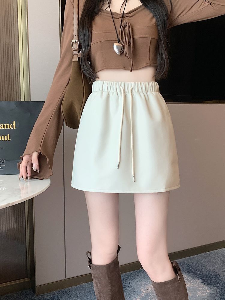 Skirt A-Line Drawstring Waist Mini Plain Leather Faux