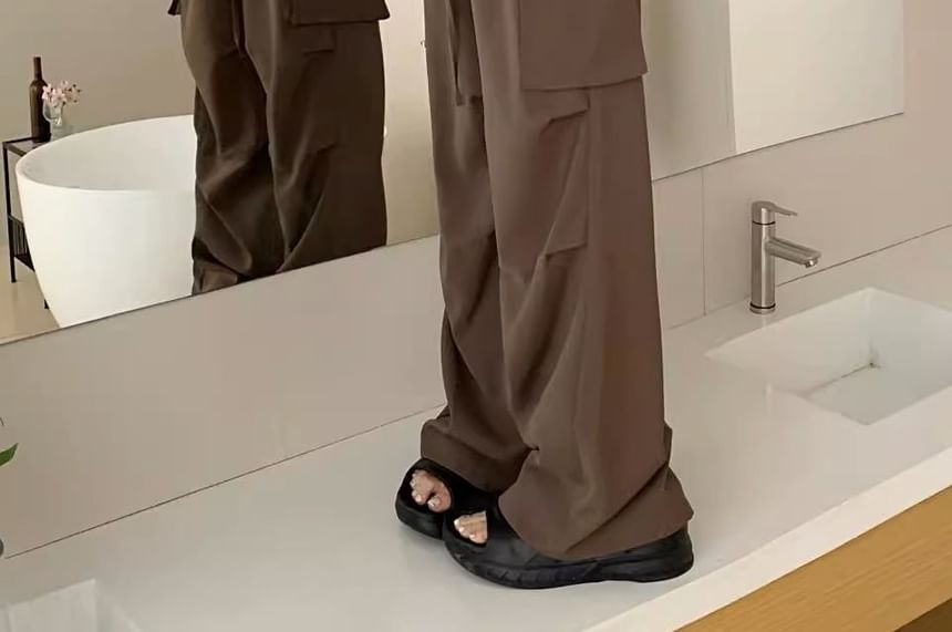 High Waist Folded Waistline Plain Pocket Straight-Fit Wide-Leg Cargo Pants