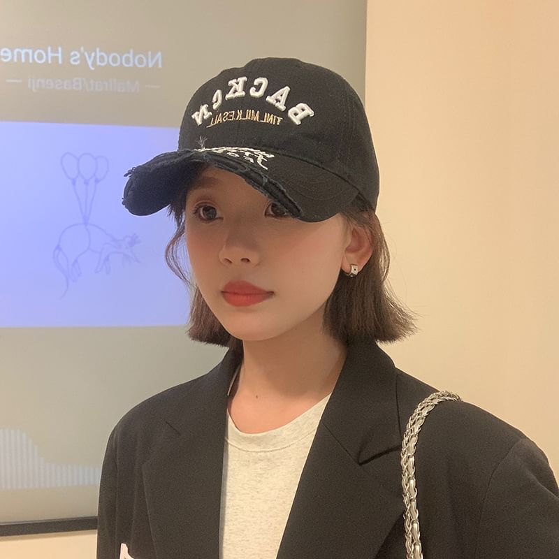 Lettering Embroidered Distressed Cap Baseball