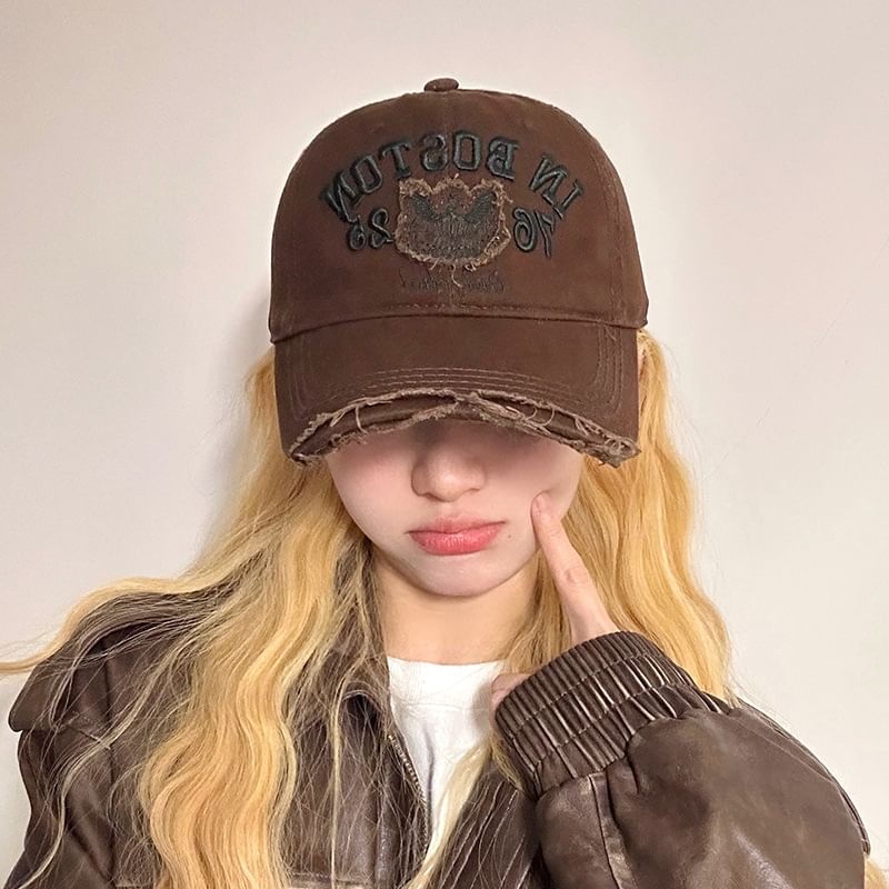 Lettering Embroidered Cap Distressed Baseball