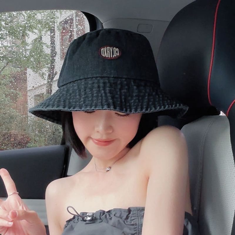 Bucket Denim Hat Applique Washed Lettering