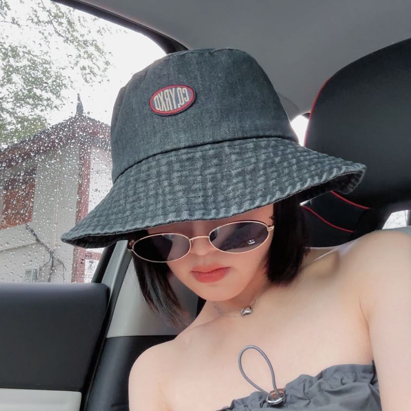 Bucket Denim Hat Applique Washed Lettering