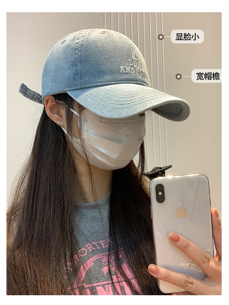 Lettering Washed Denim Baseball Cap Embroidered