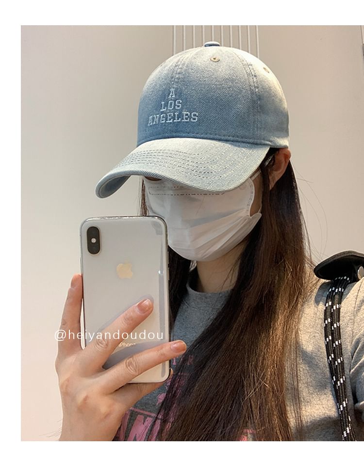 Lettering Washed Denim Baseball Cap Embroidered