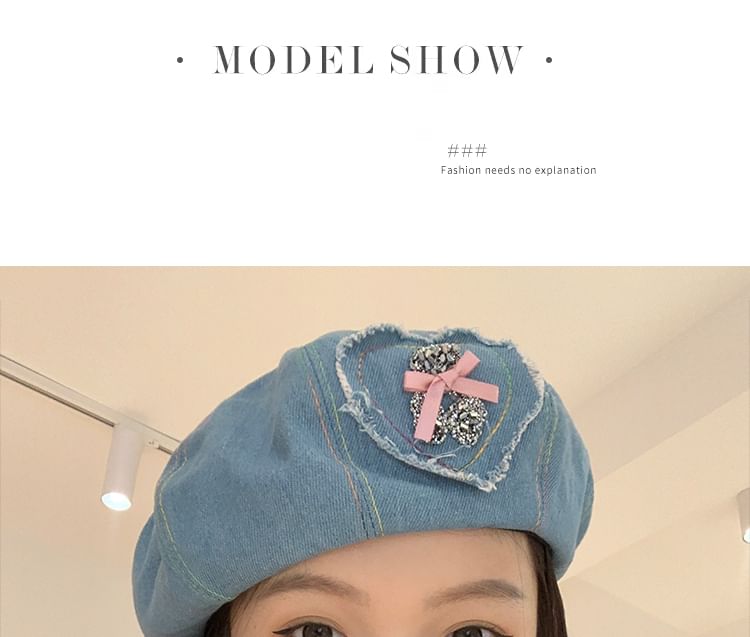 Bow Denim Rhinestone Applique Beret Heart