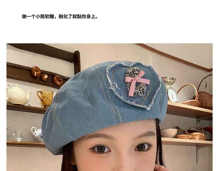 Bow Denim Rhinestone Applique Beret Heart