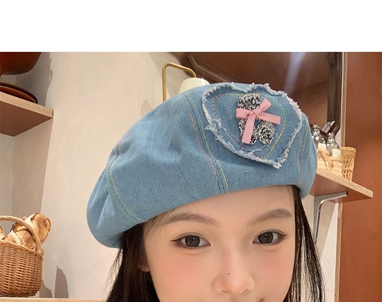 Bow Denim Rhinestone Applique Beret Heart