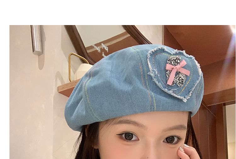 Bow Denim Rhinestone Applique Beret Heart
