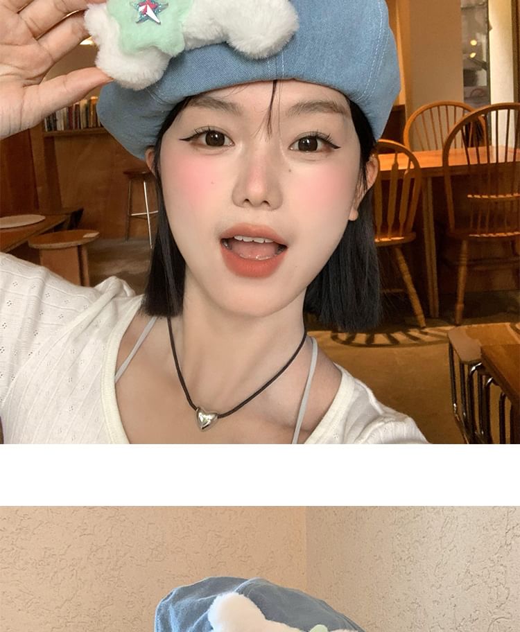 Beret Denim Washed Bone Accent