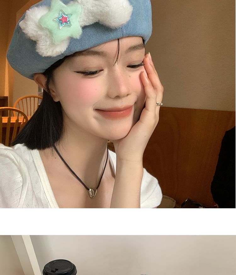 Beret Denim Washed Bone Accent