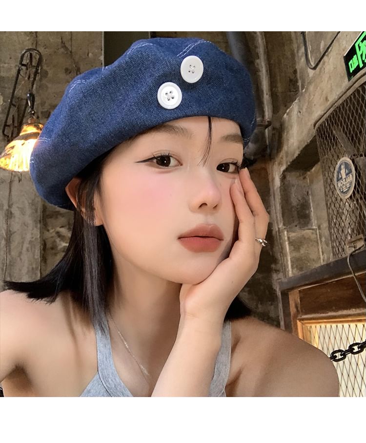 Beret Accent Denim Button Washed
