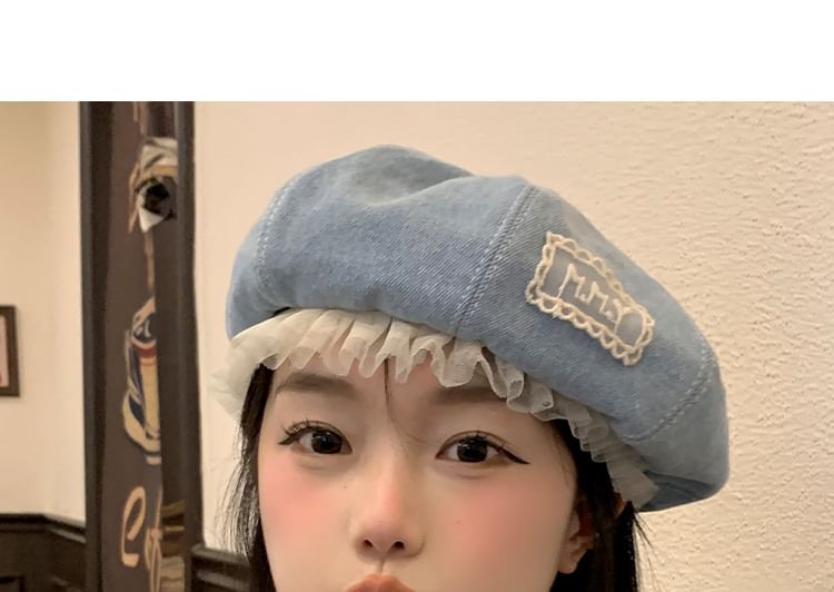 Mesh Lettering Denim Beret Applique Panel