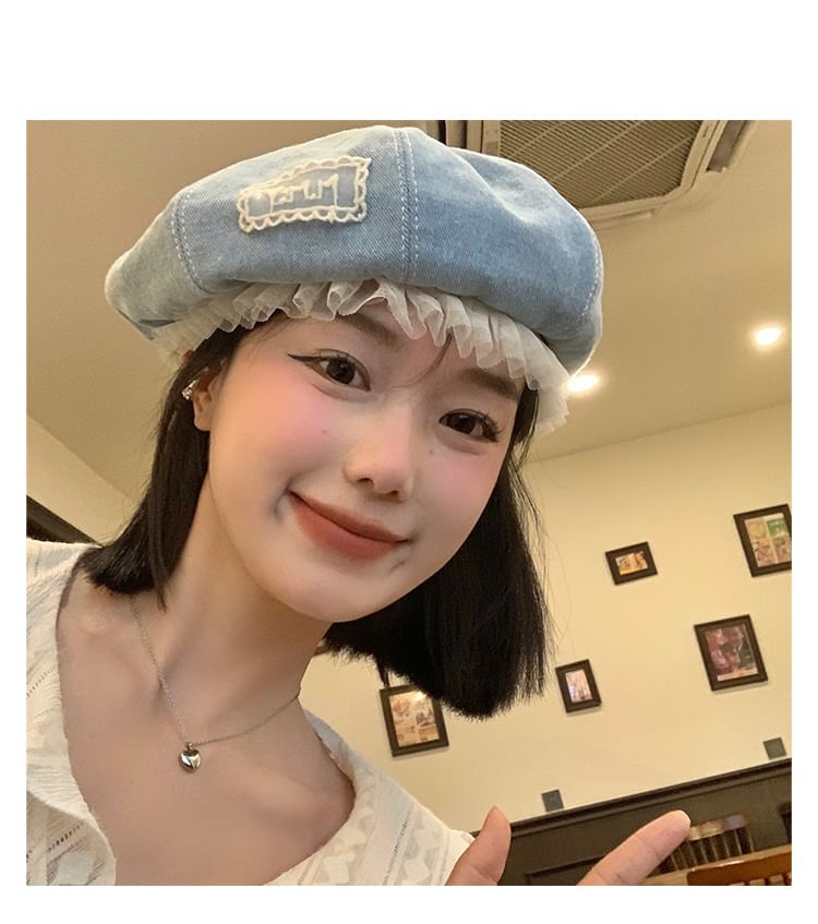 Mesh Lettering Denim Beret Applique Panel