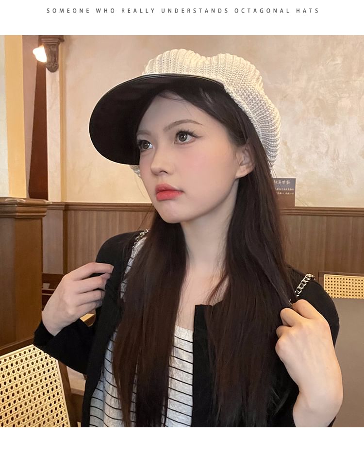 Knit Newsboy Leather Panel Cap Faux