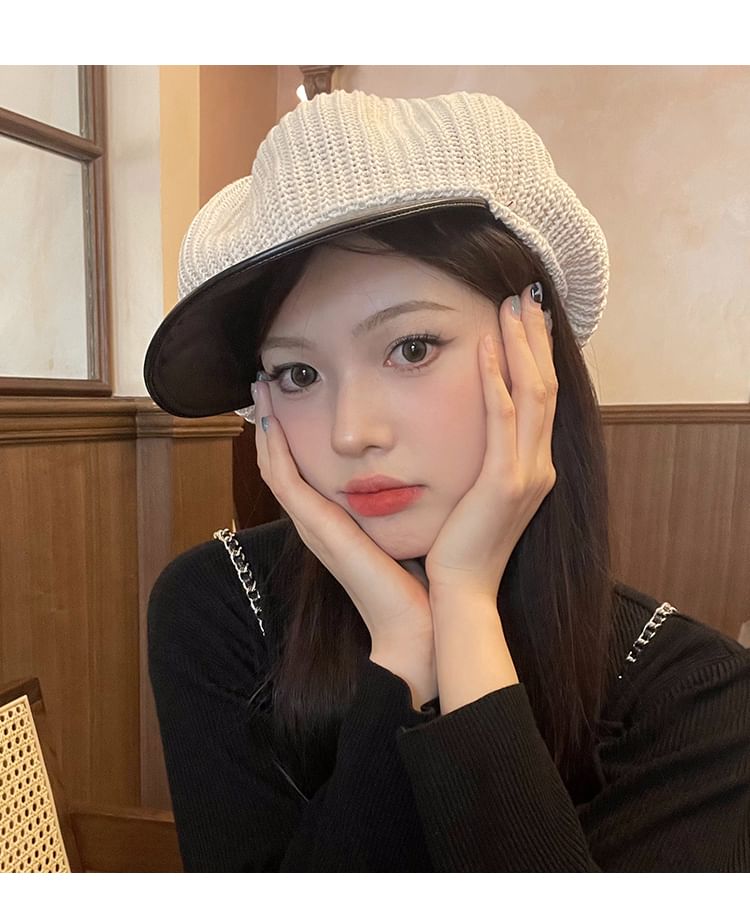 Knit Newsboy Leather Panel Cap Faux