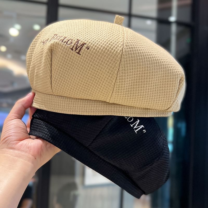 Embroidered Lettering Beret Waffle
