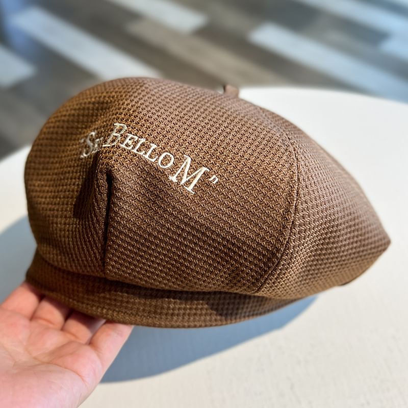 Embroidered Lettering Beret Waffle