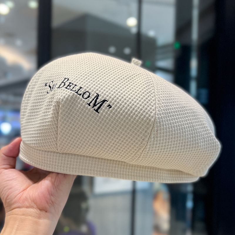 Embroidered Lettering Beret Waffle