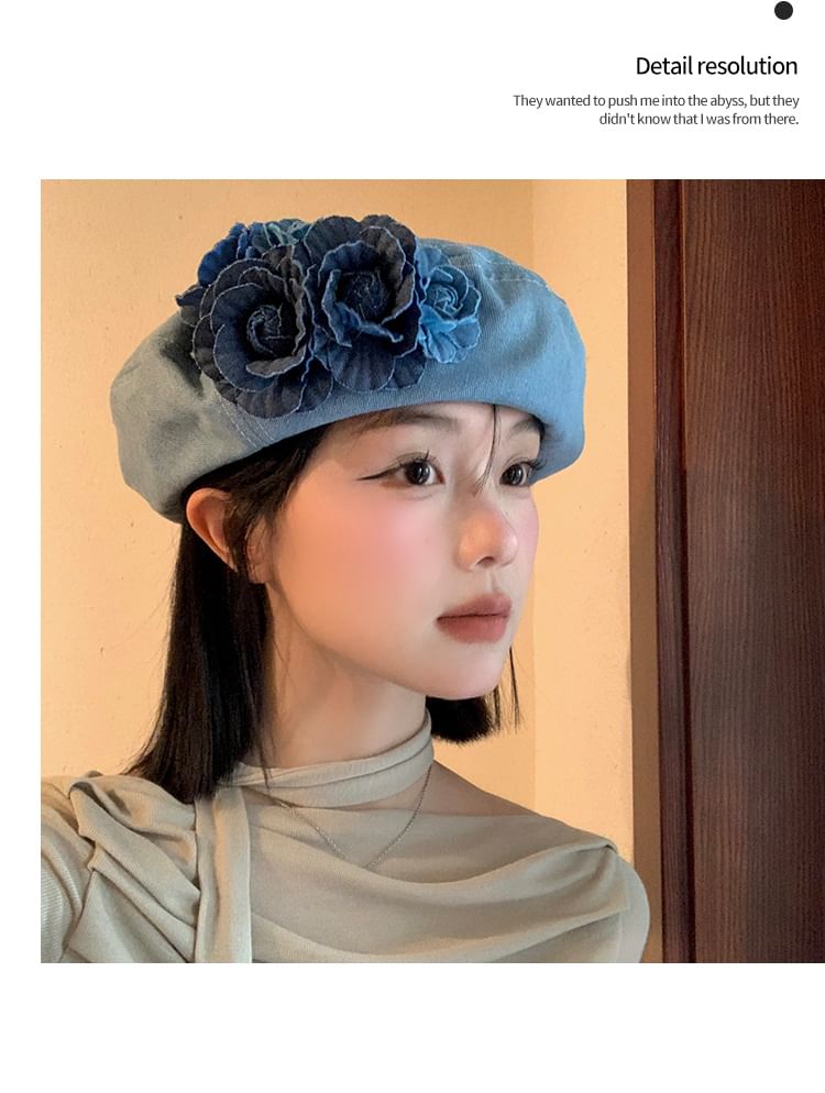 Beret Denim Floral Accent