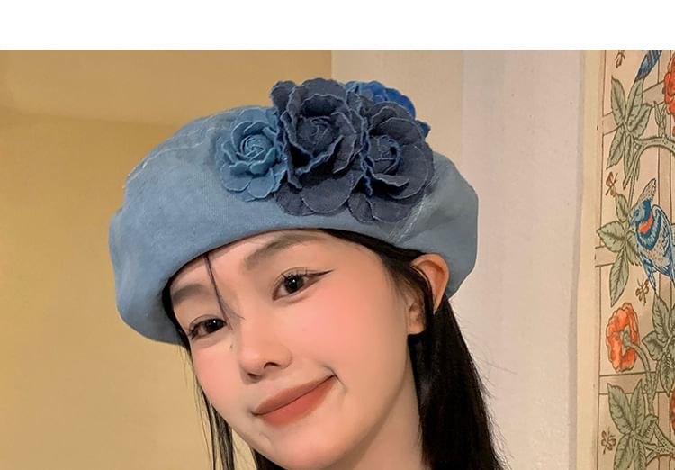 Beret Denim Floral Accent