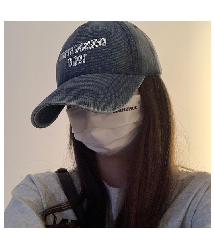 Lettering Cap Baseball Denim Washed Rhinestone