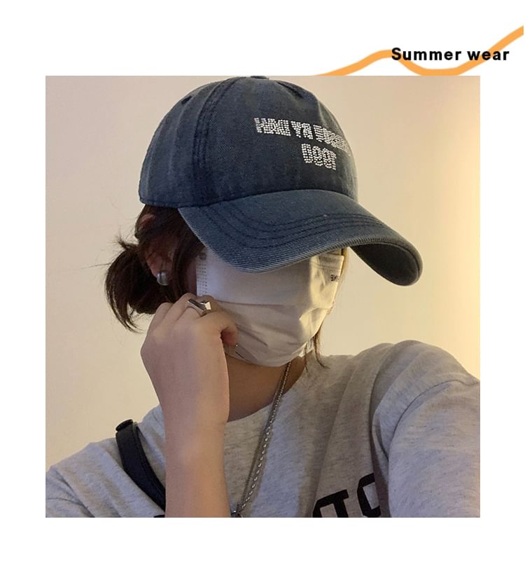 Lettering Cap Baseball Denim Washed Rhinestone