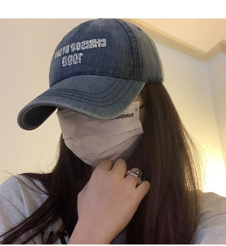 Lettering Cap Baseball Denim Washed Rhinestone