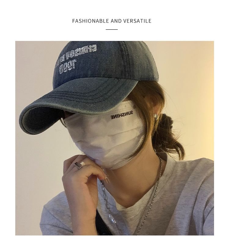 Lettering Cap Baseball Denim Washed Rhinestone