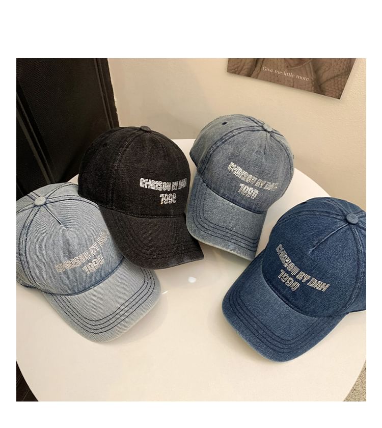 Lettering Cap Baseball Denim Washed Rhinestone