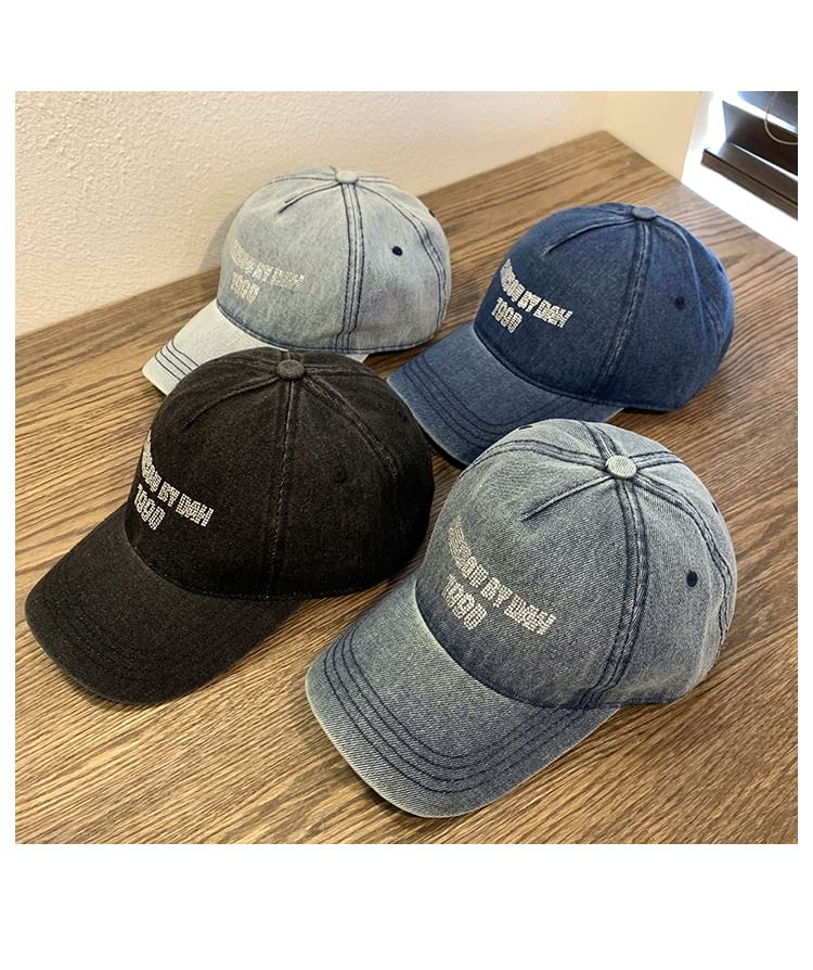 Lettering Cap Baseball Denim Washed Rhinestone