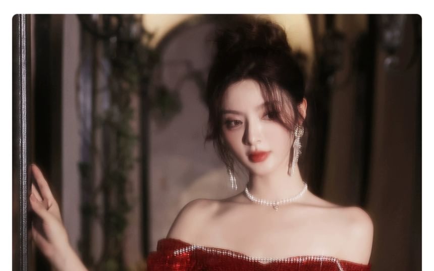 Short-Sleeve Square Neck Plain Sequin Slit A-Line Evening Gown