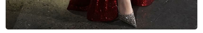 Short-Sleeve Square Neck Plain Sequin Slit A-Line Evening Gown