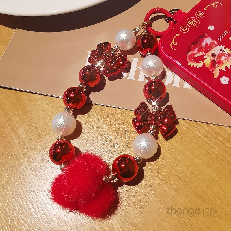 Pom Pom Faux Pearl Wrist Phone Strap with Lanyard Pad